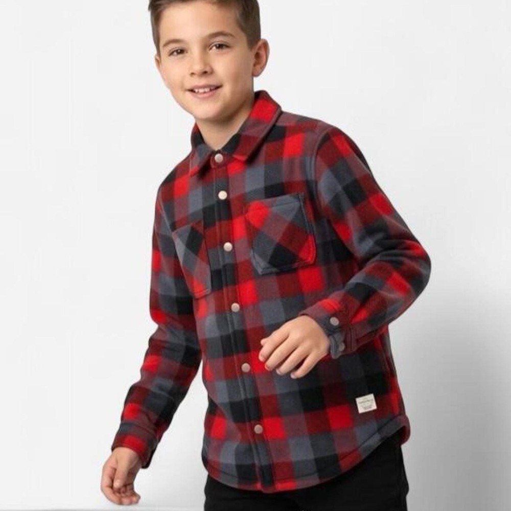 Weatherproof kids sweater red plaid fleece lined button up flannel S7-8
